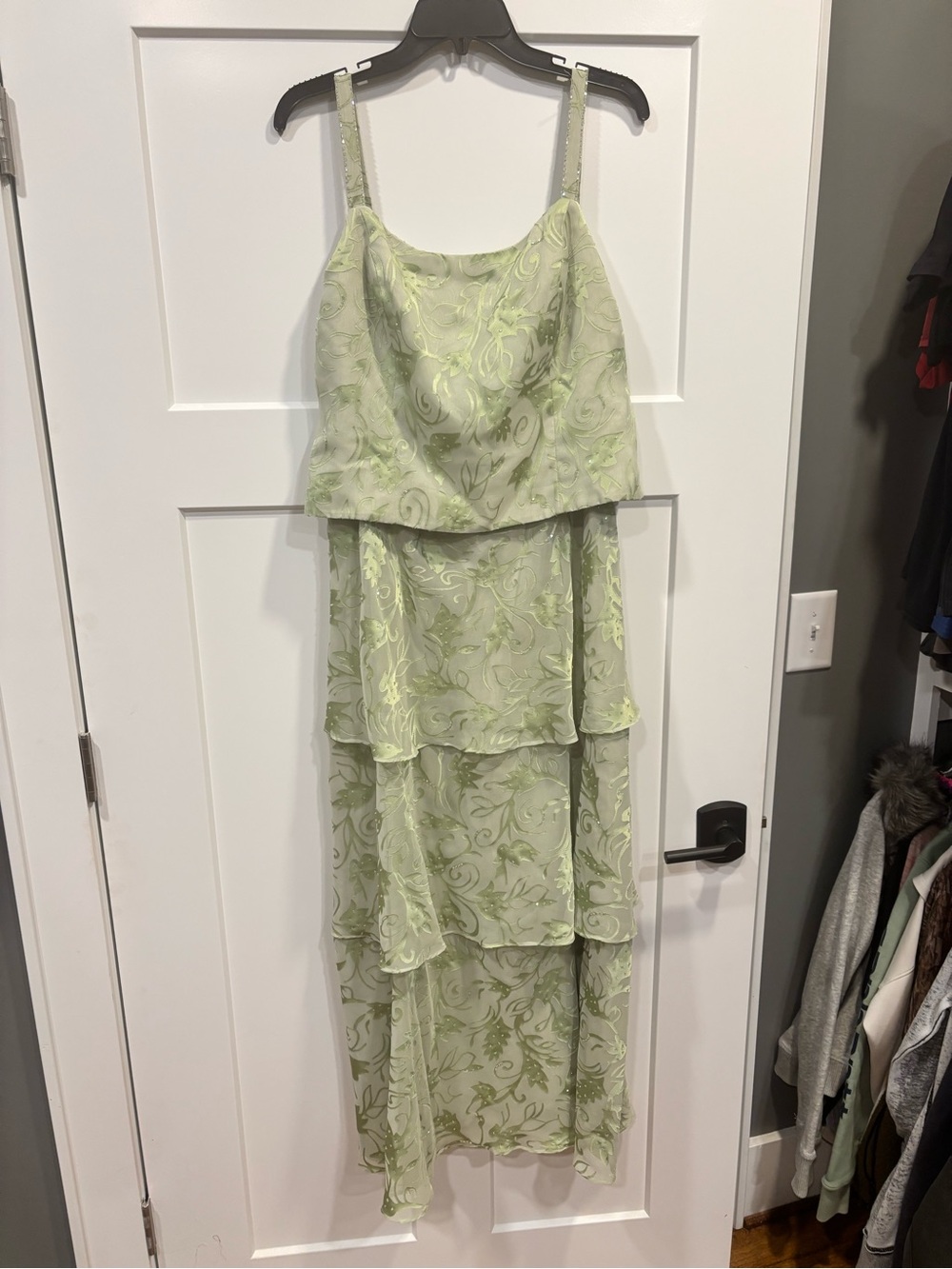 Y2K Beaded Karen Miller New York Green Floral Ruffle Tiered Midi Dress Size 14